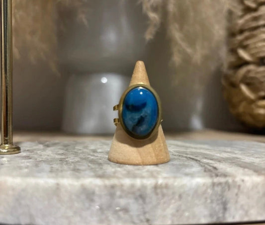 Bague Aventurine Bleue | Cabochon 13x18 mm – Acier Inoxydable Doré Ajustable