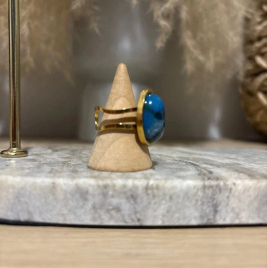 Bague Aventurine Bleue | Cabochon 13x18 mm – Acier Inoxydable Doré Ajustable