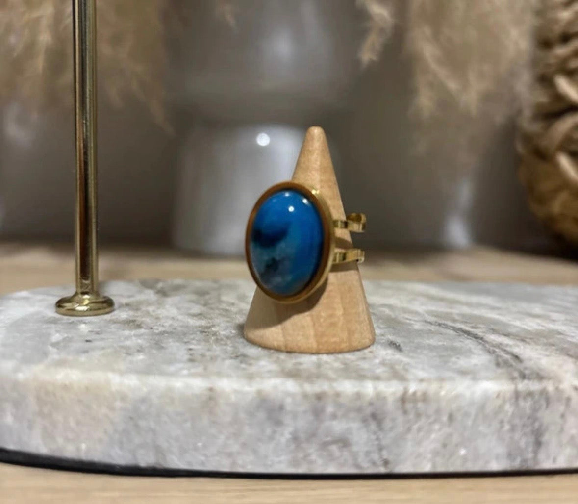 Bague Aventurine Bleue | Cabochon 13x18 mm – Acier Inoxydable Doré Ajustable