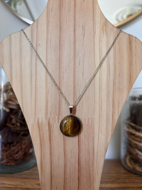 Collier Œil de Tigre | Chaîne Argentée Inoxydable 44 cm – Pierre Naturelle