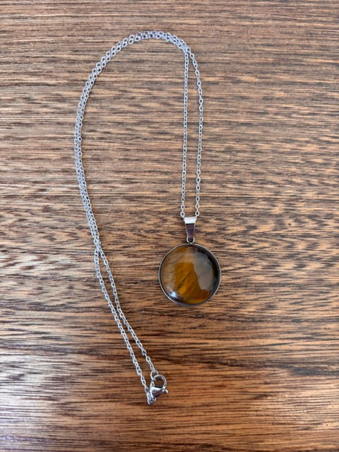Collier Œil de Tigre | Chaîne Argentée Inoxydable 44 cm – Pierre Naturelle