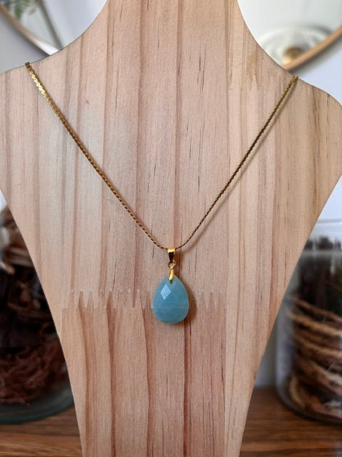 Collier Amazonite Facettée AAA | Bélière Plaqué Or – Chaîne Maillon Dorée Inoxydable 44 cm