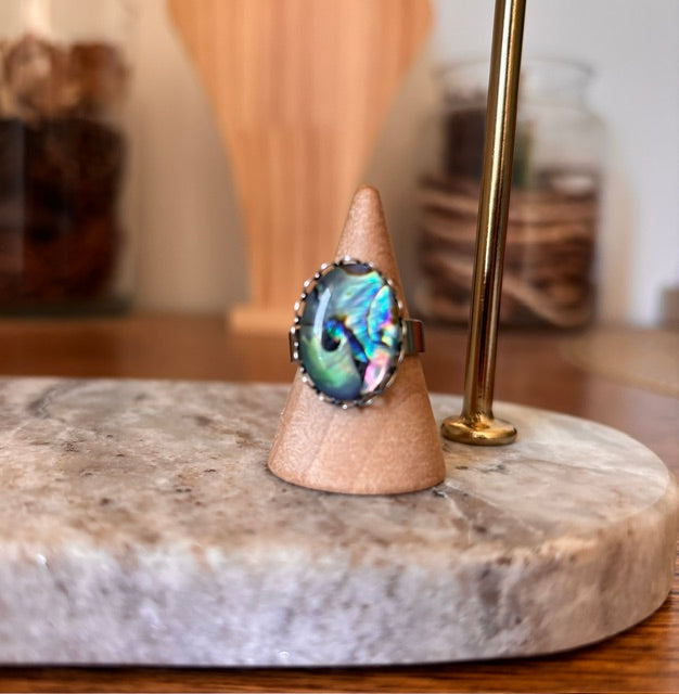 Bague Coquille d'Ormeau | Reflets Irisés – Acier Inoxydable Argenté Ajustable