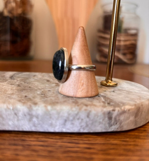 Bague Agate Mousse Naturelle | Ajustable & Hypoallergénique – Acier Inoxydable Argenté