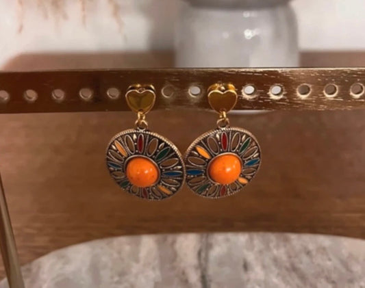 Puces d'Oreilles Cœur Dorées | Breloque Bohème Orange | Acier Inoxydable – PAPD