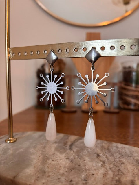 Boucles d'oreilles Cristal de Roche | Losange Soleil Filigrane | Acier Inoxydable