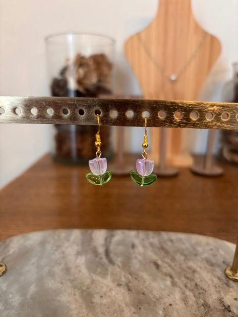 Boucles d'oreilles Pendentifs Tulipes Colorées | Bijou Floral Doré | Acier Inoxydable