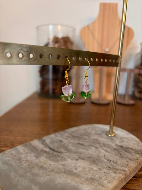 Boucles d'oreilles Pendentifs Tulipes Colorées | Bijou Floral Doré | Acier Inoxydable