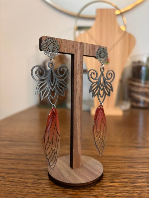 Boucles d'oreilles Fleur Bohème Filigrane | Aile de Fée Rouge Pailletée | Acier Inoxydable