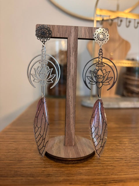 Boucles d'oreilles Croissant de Lune Lotus Filigrane | Aile de Fée Rosée Pailletée | Acier Inoxydable