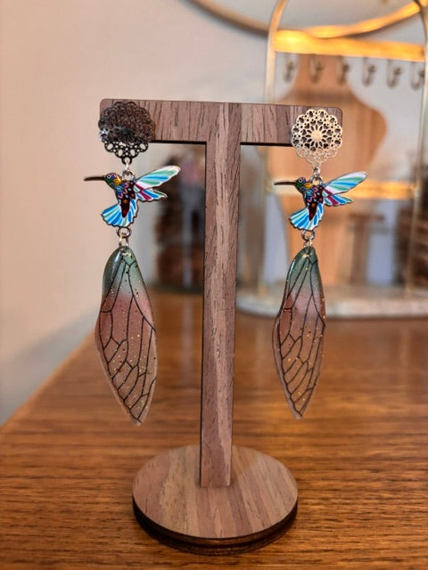 Boucles d'oreilles Colibri & Aile de Fée Bleue Rouge Pailletée | Fleur Bohème | Acier Inoxydable