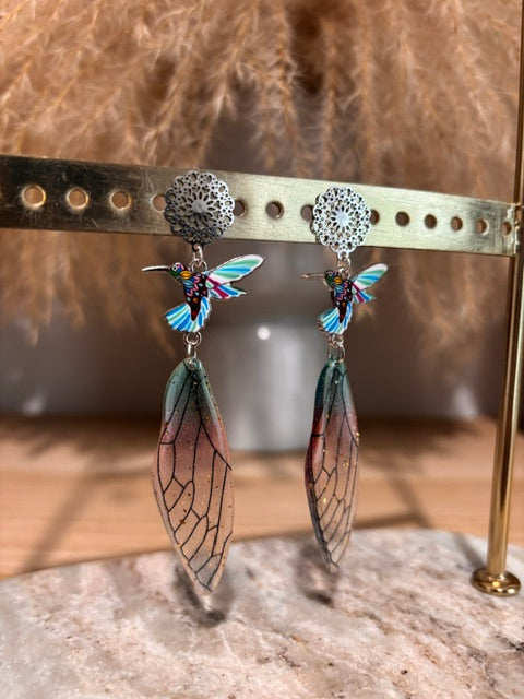 Boucles d'oreilles Colibri & Aile de Fée Bleue Rouge Pailletée | Fleur Bohème | Acier Inoxydable