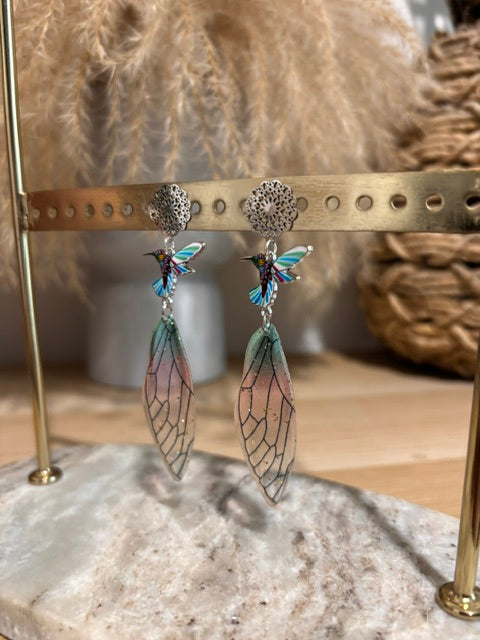 Boucles d'oreilles Colibri & Aile de Fée Bleue Rouge Pailletée | Fleur Bohème | Acier Inoxydable