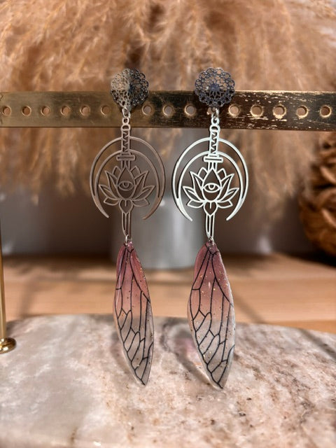 Boucles d'oreilles Croissant de Lune Lotus Filigrane | Aile de Fée Rosée Pailletée | Acier Inoxydable