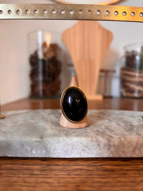 Bague Obsidienne Noire Naturelle | Cabochon 18x25 mm | Ajustable | Monture Dorée Inoxydable