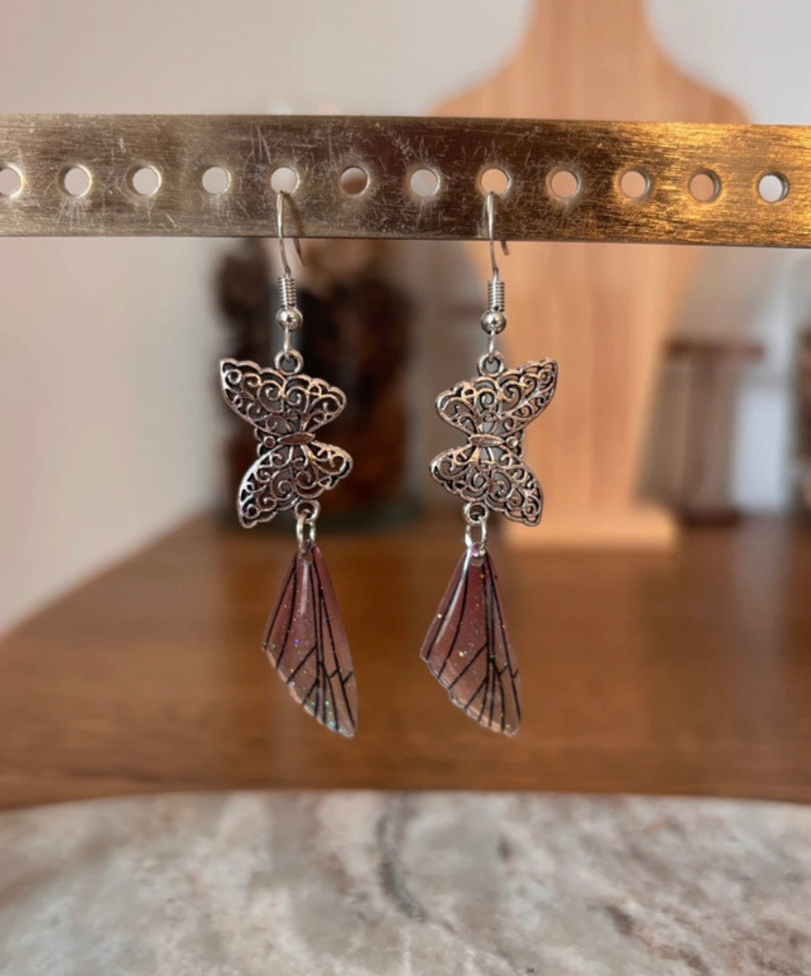 Boucles d'oreilles Fairycore Bohème | Papillon & Aile de Fée Pailletée – Acier Inoxydable