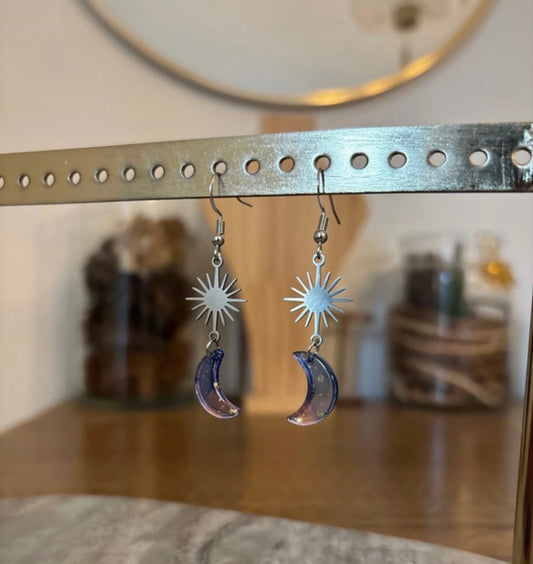 Boucles d'oreilles Fairycore Bohème | Soleil Filigrane & Lune Bleue Rosée – Acier Inoxydable