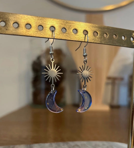 Boucles d'oreilles Fairycore Bohème | Soleil Filigrane & Lune Bleue Rosée – Acier Inoxydable