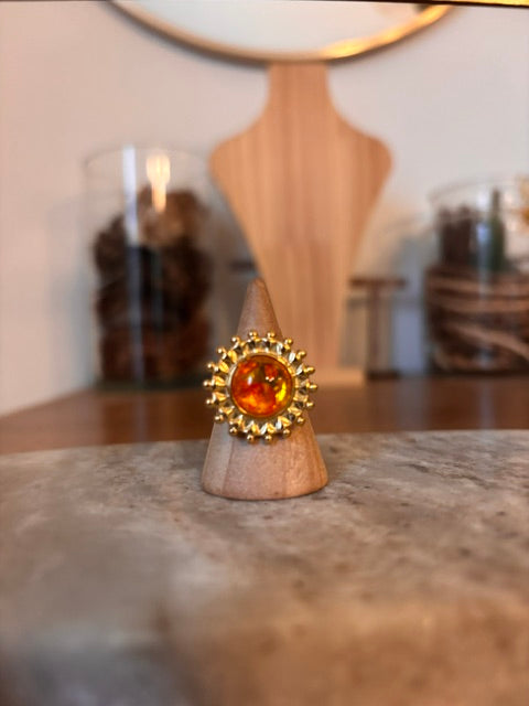 Bague Soleil Doré Ajustable – Pierre d'Ambre Naturelle | Acier Inoxydable