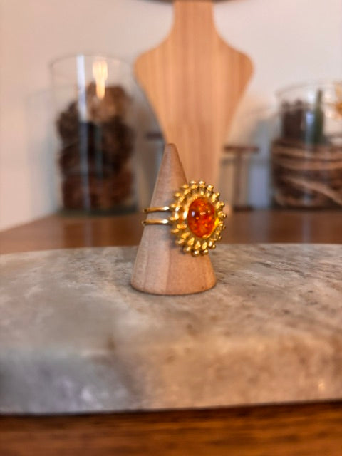 Bague Soleil Doré Ajustable – Pierre d'Ambre Naturelle | Acier Inoxydable