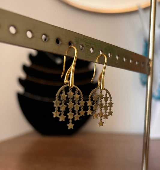 Boucles d'Oreilles Pendantes Étoile Filante | Filigrane Doré | Acier Inoxydable | PAPD