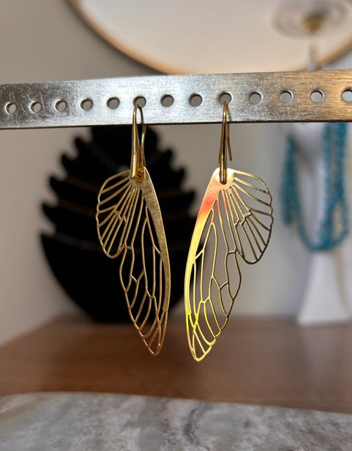 Boucles d'Oreilles Pendantes Aile de Fée | Filigrane Doré | Acier Inoxydable | PAPD