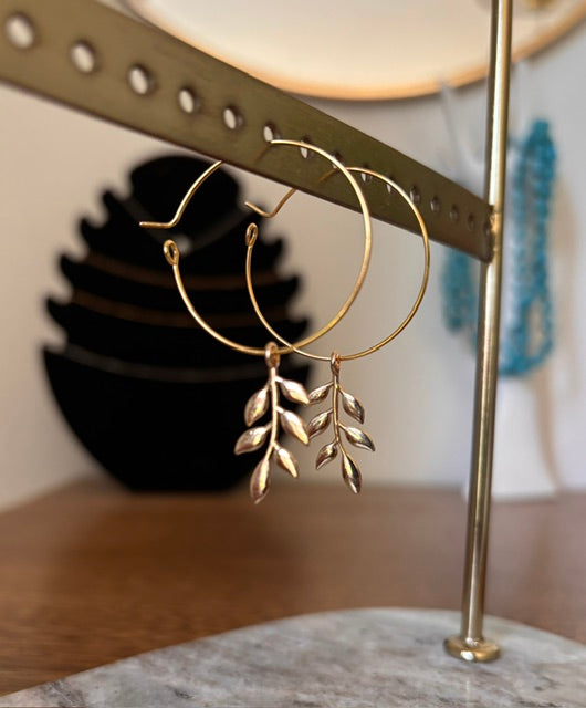 Boucles d'Oreilles Créoles Dorées Feuilles de Saule | 3 cm | Acier Inoxydable | PAPD