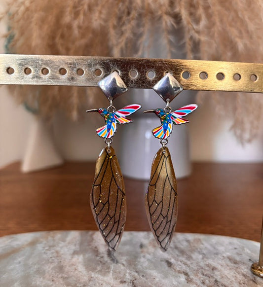 Boucles d'Oreilles Pendantes Colibri & Aile de Fée | 8,5 cm | Argenté & Jaune | PAPD