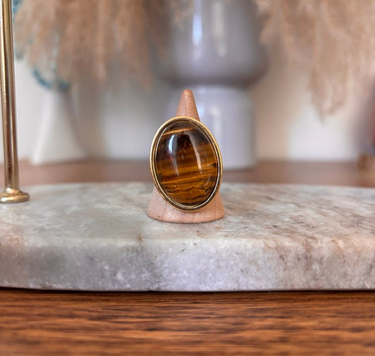Bague Œil de Tigre | Cabochon 18x25mm | Acier Inoxydable Doré Ajustable | PAPD