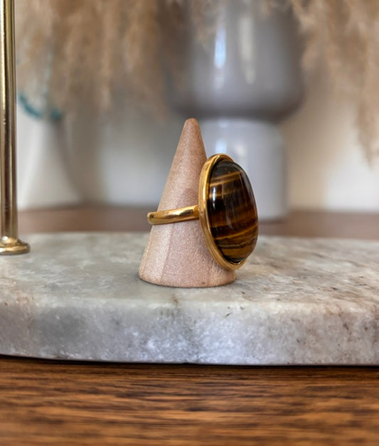Bague Œil de Tigre | Cabochon 18x25mm | Acier Inoxydable Doré Ajustable | PAPD