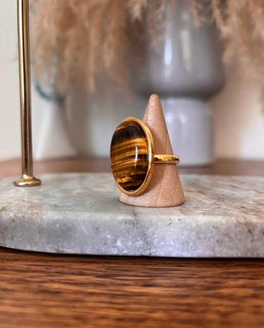 Bague Œil de Tigre | Cabochon 18x25mm | Acier Inoxydable Doré Ajustable | PAPD