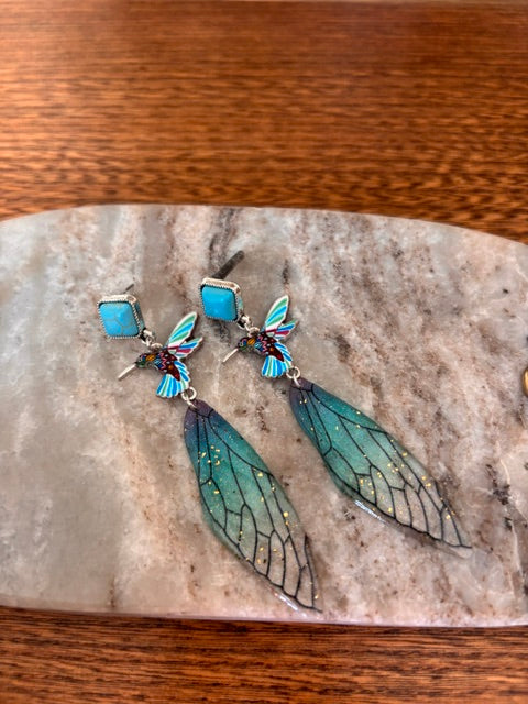 Boucles d'Oreilles Pendantes Colibri & Aile de Fée | 9cm | Argenté & Turquoise | Acier Inoxydable | PAPD