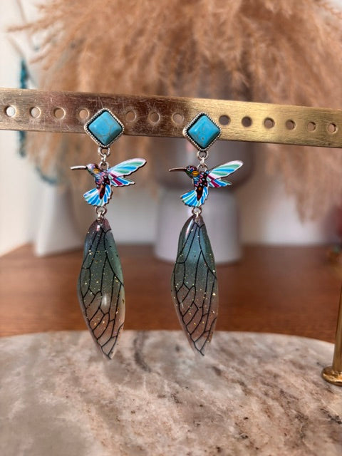 Boucles d'Oreilles Pendantes Colibri & Aile de Fée | 9cm | Argenté & Turquoise | Acier Inoxydable | PAPD