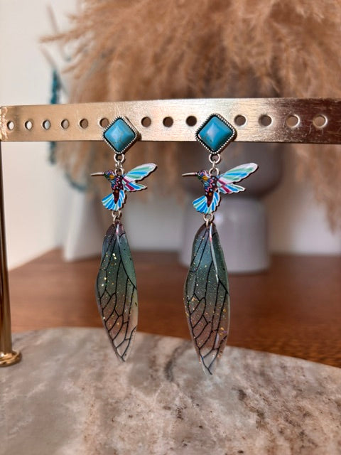 Boucles d'Oreilles Pendantes Colibri & Aile de Fée | 9cm | Argenté & Turquoise | Acier Inoxydable | PAPD