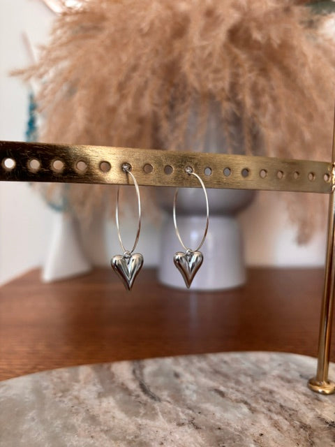 Boucles d'Oreilles Créoles Argentées & Pendentifs Cœur – Style Bohème Chic