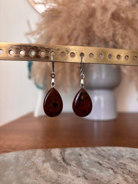 Boucles d'Oreilles Dormeuses Crochet Argentées – Pierre Obsidienne Acajou Goutte