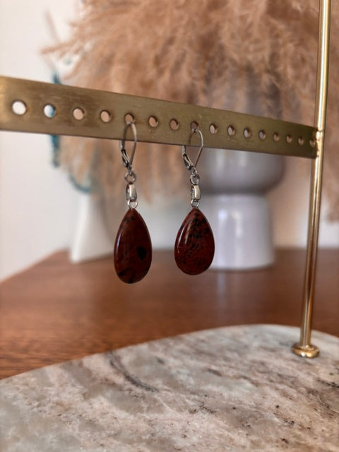 Boucles d'Oreilles Dormeuses Crochet Argentées – Pierre Obsidienne Acajou Goutte