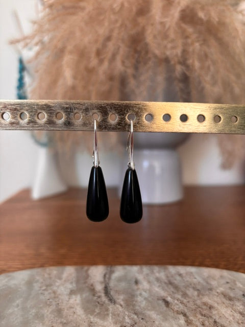 Boucles d'Oreilles Dormeuses Allongées Pierre Obsidienne Noire – Or ou Argent | Lithothérapie
