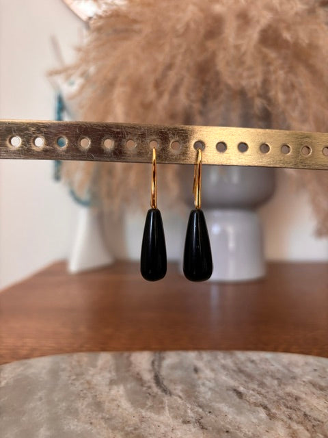 Boucles d'Oreilles Dormeuses Allongées Pierre Obsidienne Noire – Or ou Argent | Lithothérapie