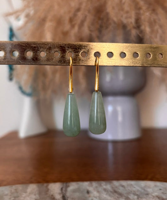 Boucles d'Oreilles Dormeuses Allongées Pierre Aventurine Verte – Or ou Argent | Lithothérapie