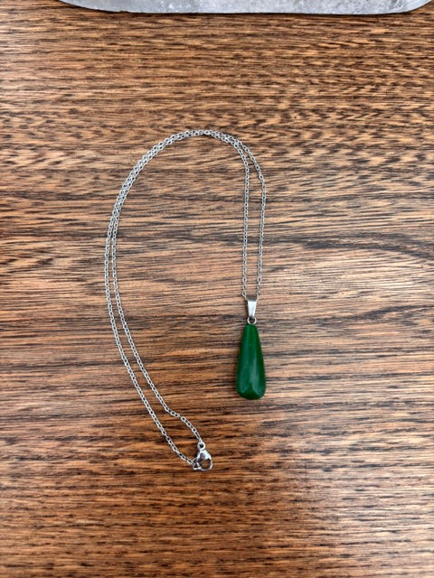 Collier Chaîne Maillon Argenté Pierre de Jade Vert Larme | Bijou Artisanal Lithothérapie