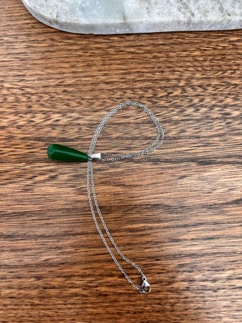 Collier Chaîne Maillon Argenté Pierre de Jade Vert Larme | Bijou Artisanal Lithothérapie