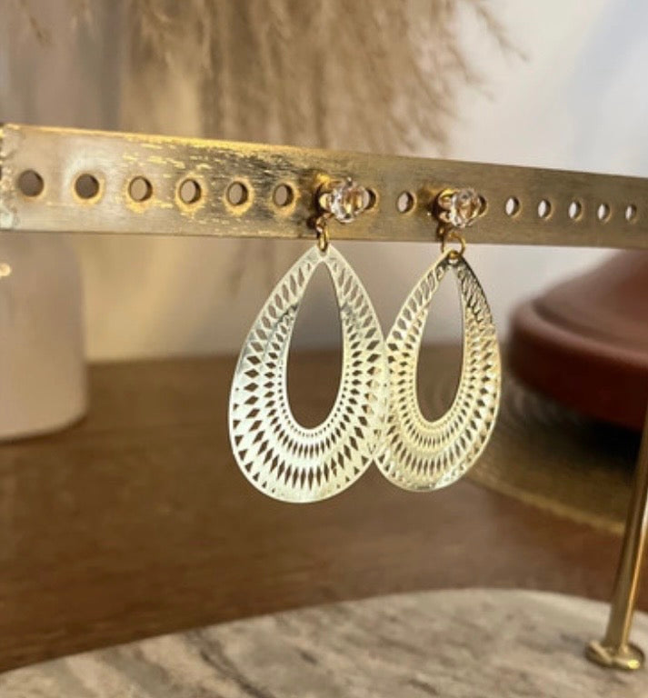 Boucles d'Oreilles Pendantes Strass & Filigrane Doré | Style Bohème Féérique