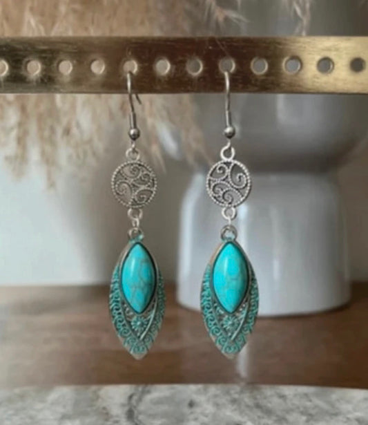 Boucles d'Oreilles Fleur & Breloque Bohème Argenté Turquoise | Style Estival Chic