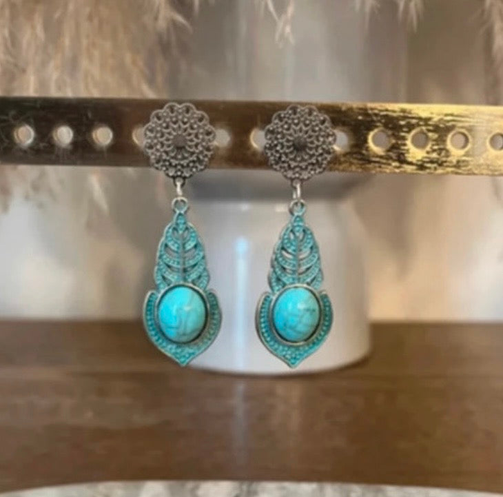 Boucles d'Oreilles Puces Fleur Bohème Argenté & Pendentif Turquoise | Style Estival Chic