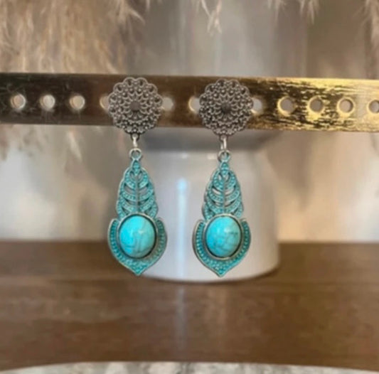 Boucles d'Oreilles Puces Fleur Bohème Argenté & Pendentif Turquoise | Style Estival Chic