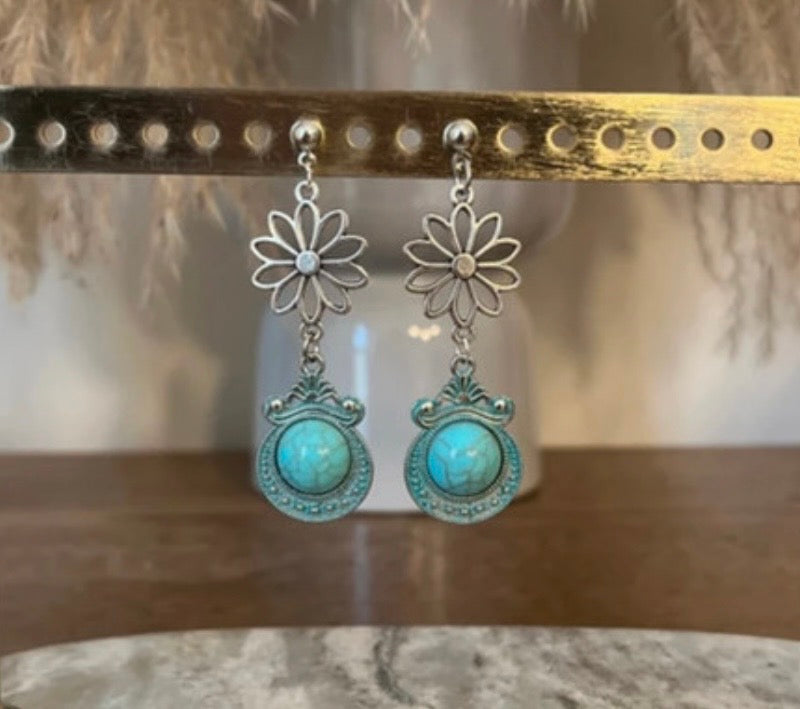 Boucles d'Oreilles Perlées Fleur Argentée & Pendentif Turquoise | Style Bohème Estival