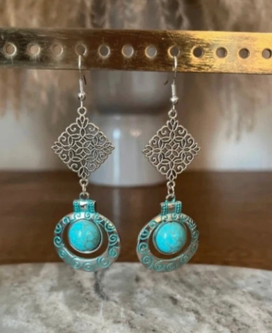 Boucles d'Oreilles Crochet Losange Fleur Argentée & Pendentif Turquoise | Style Bohème Estival