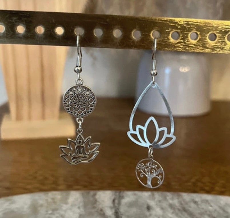 Boucles d'Oreilles Pendantes Argentées – Arbre de Vie, Fleur Bohème & Bouddha | Filigrane