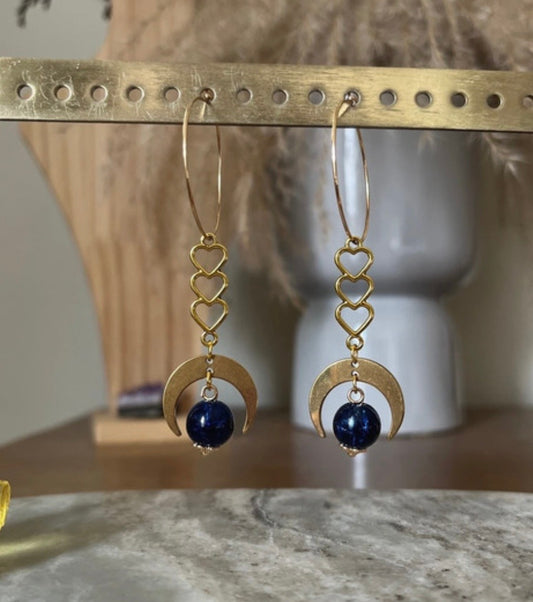 Boucles d'Oreilles Créoles Dorées | Cœur Lune & Perle Marine | Bohème Romantique Acier 316L